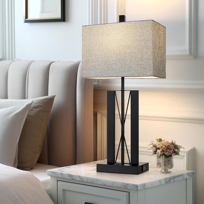 25" Table Lamps Set of 2, Modern Table Lamp for Living Room with 2 USB Charging Ports, Nightstand Geometric Industrial Bedside Lamp with Gray Shade for Bedrooms End Table Decor, Bulbs Included5