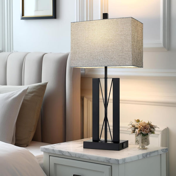 25" Table Lamps Set of 2, Modern Table Lamp for Living Room with 2 USB Charging Ports, Nightstand Geometric Industrial Bedside Lamp with Gray Shade for Bedrooms End Table Decor, Bulbs Included5