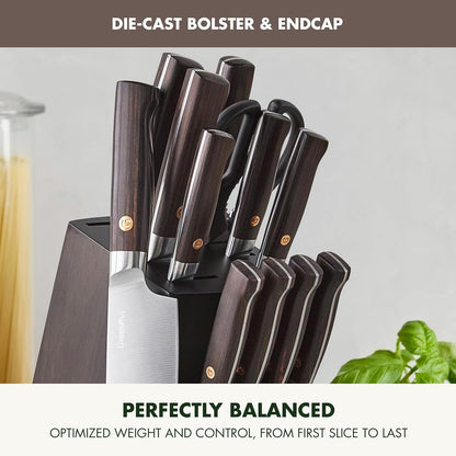 Elite 13 Piece Wooden Knife Block Set, Professional Stainless Steel Blades with Titanium Coating, Ultra-Sharp Kitchen Cutlery, Chef, Santoku, Bread & Steak Knives, Ergonomic Brown Wood Handle10