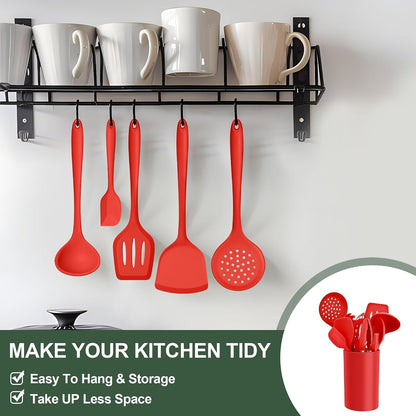 Silicone Cooking Utensils Set, 25 Piece Kitchen Utensils with Holder, Non Toxic Kitchen Tools Spatula, Turner, Spoon, Ladle for Nonstick Cookware, Heat Resistant & Dishwasher Safe - Red7