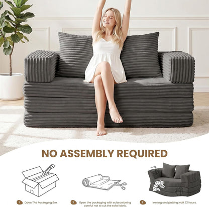Boneless Loveseat Sofa Bed,Small Couch Bed Futon Sleeper Sofa,Convertible Pull Out Couch with Removable Armrests Backrest,Corduroy Folding Floor Boneless Couch for Living Room,Small Space,Grey5