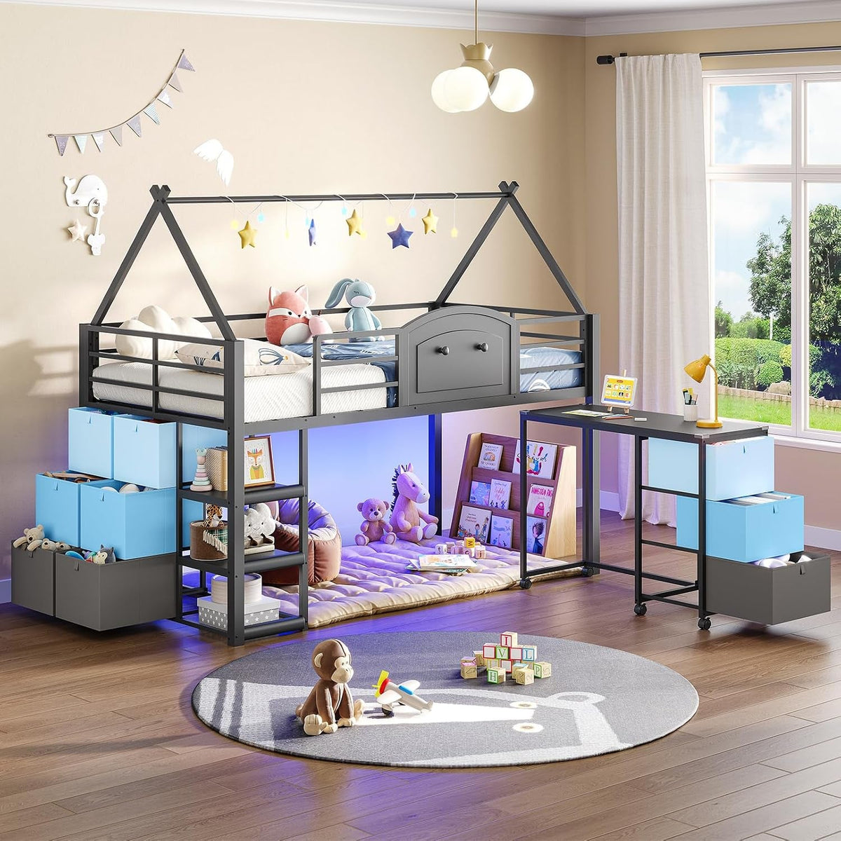 twin-loft-bed-with-desk-and-storage-for-kids-metal-low-loft-bed-twin-with-9-drawers-3-tier-shelves-led-lights-safety-guardrail-no-box-spring-needed-grey