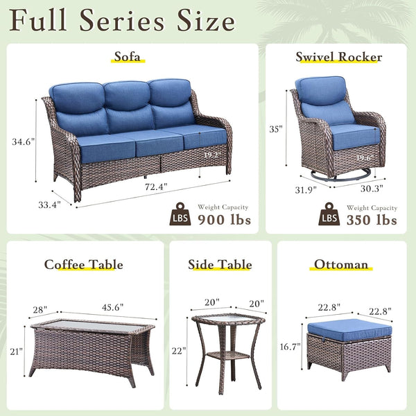 Luxury High Back Outdoor Furniture with 6-Inch Extra Thick Cushions, Patio Furniture Set with Swivel Chairs, 7 PCS Wicker Conversation Set for Yard, Deck, Poolside, Brown/Blue7