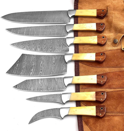 Professional Handmade Damascus Kitchen Chef Knife Set with Bone Handle and Damascus Steel Blade, Kitchen Knife Set with Leather Roll Bag (1064)1