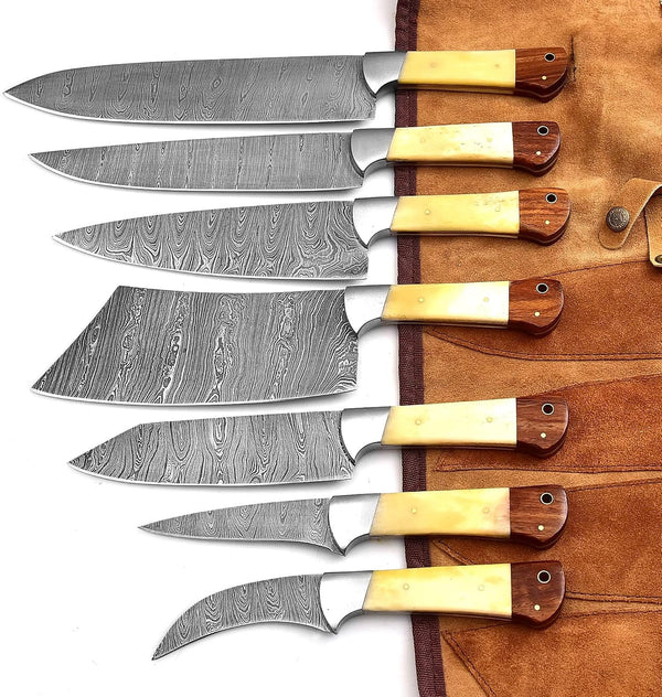 Professional Handmade Damascus Kitchen Chef Knife Set with Bone Handle and Damascus Steel Blade, Kitchen Knife Set with Leather Roll Bag (1064)1