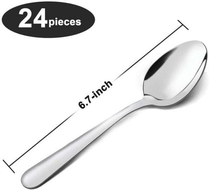24 Pieces Dinner Spoons Set Silverware - 6.7 Inch Stainless Steel Spoon, Dessert, Table, Silverware Spoons Only for Home, Kitchen or Restaurant - Mirror Polished, Dishwasher Safe, Silver2