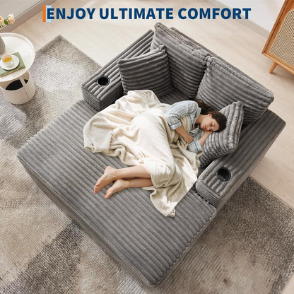 60-Inch Oversized Chaise Lounge Chair Indoor, Comfy Corduroy Lounge Sofa with Charging Station, Cup Holders & Throw Pillows, Cozy Sleeper Couch for Living Room Apartments, Grey7