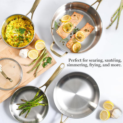Castelle 10 Piece 18/8 Durable Stainless Steel Induction Safe Pots and Pans Non-Toxic Kitchen Cookware Set - Gold Handles - Dishwasher Safe2