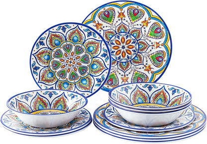 Melamine Dinnerware Set, 12 Pcs Dinner Plates Bowls Sets for Indoor and Outdoor Use, Durable Unbreakable Dishes Sets, Dishwasher Safe, BPA Free, Service for 49