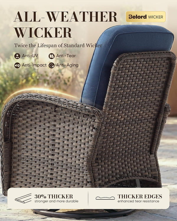 Upgraded 6“ Cushion Luxury 3 Pieces Patio Furniture Set - All Weather Wicker Outdoor Swivel Rocker Patio Chairs of 2 with Side Table, High Back Glider Chairs Set for Deck Porch - Brown/Blue5