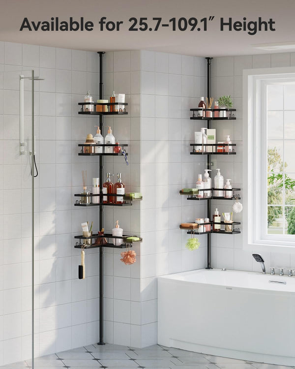Corner Shower Caddy Tension Pole, 25.7-109.1In Adjustable Shower Shelves, Rust-Resistant Shower Organizer, No-Drill 3-Step Installation, Bathroom Shelves for Renters & Family, Black2