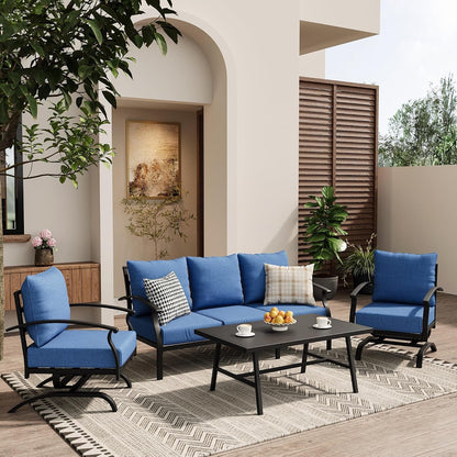 4 Piece Patio Furniture Set,Outdoor Metal Patio Furniture with Coffee Table & Rocking Chairs Conversation Set for Porch,Backyard,Poolside, Garden-Darkblue1