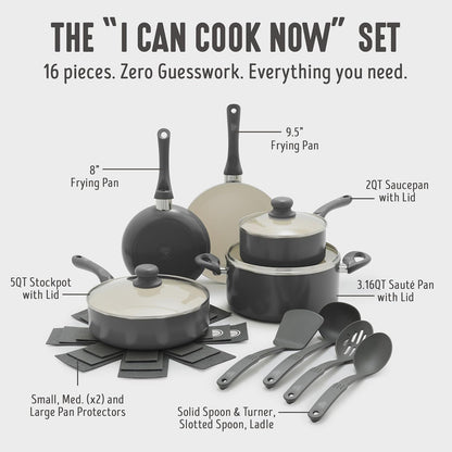 16Pc Ceramic Nonstick Pots & Pans Cookware Set, Graphite Black | Pfas-Free Nonstick Coating, Stockpot, Frying Pans, Saucepan, Sauté, Induction Ready, All Stovetop Compatible, Dishwasher Safe4