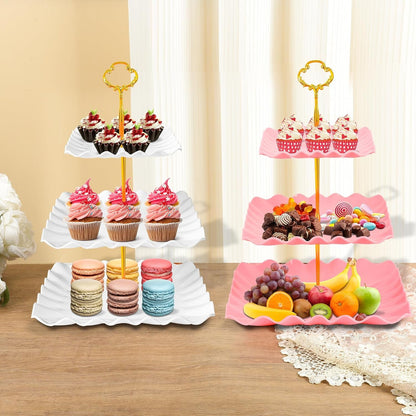 10 Pack Dessert Table Display Set, 4 Three-Tier Square Cupcake Stands and 6 Serving Trays for Cakes, Cupcakes, Pastries and Snacks, Baby Shower Decorations, Bridal Shower, Birthday, Wedding Party6