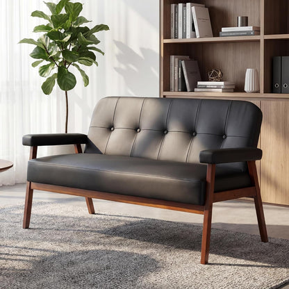 Black Leather Loveseat and Accent Chairs, Mid-Century Modern Office Furniture Sofa and Chair Set, Small Love Seat Couches with Wood Arm, 3 Pieces Living Room Furniture Sets (3)7