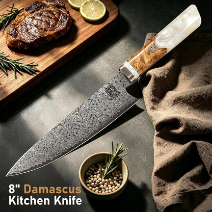 Japanese Chef Knife, 8" 67 Layers Damascus Knife with VG10 Core, Professional Hand Forged Kitchen Knife with Noble Resin Handle, Non-Stick and Razor Sharp Chef'S Knives with Gift Box for Kitchen Use4