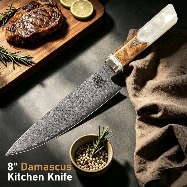 Japanese Chef Knife, 8" 67 Layers Damascus Knife with VG10 Core, Professional Hand Forged Kitchen Knife with Noble Resin Handle, Non-Stick and Razor Sharp Chef'S Knives with Gift Box for Kitchen Use4