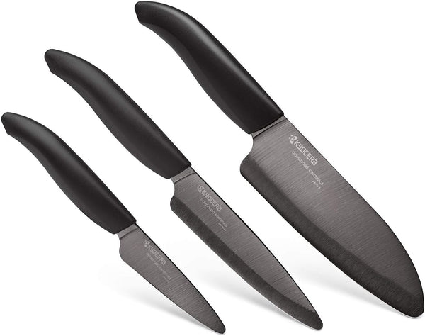 Black 3-PC Ceramic Knife Set: Santoku, Utility & Paring Knife | Made in Japan Non-Reactive Zirconia Blades, Lightweight Design Reduces Hand Fatigue, Will Not Cause Food Oxidation1