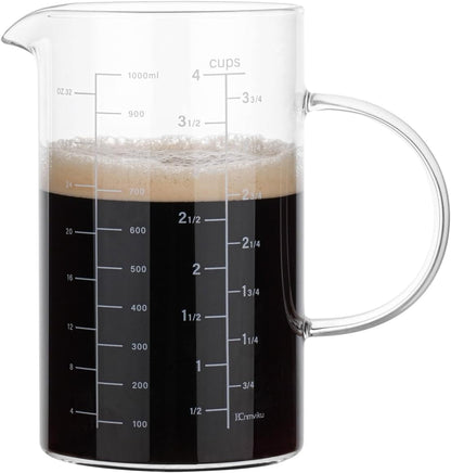 Glass Measuring Cup, Insulated Handle, V-Shaped Spout, High Borosilicate Glass Measuring Cup 1000ML、 /1 Liter, 4 Cup for Kitchen or Restaurant, Easy to Read (1000Ml-1Pcs)1