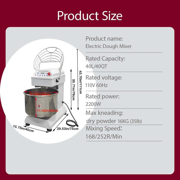 40 QT Commercial Dough Mixer Machine, 110V 2200W Electric Dough Kneading Machine, Stainless Steel Stand Mixer, Dual Action and Dual Speed, Intelligent Control, 35LB Dry Flour2