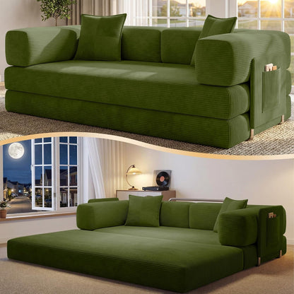 78.8" Convertible Futon Sofa Bed, Boneless Couch for Living Room | Corduroy Boneless Loveseat Sleeper Sofa, Modular Futon Couch with Storage Pocket, Pull Out Couch No Assembly | Green1