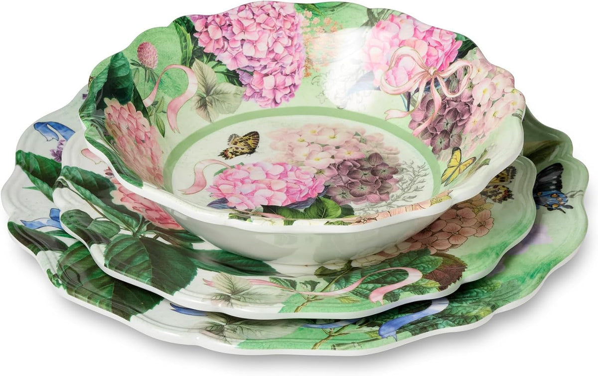 garden-path-melamine-12-piece-dinnerware-set-hydrangea-design-service-for-4-with-dinner-plates-salad-plates-and-bowls-durable-lightweight-and-dishwasher-safe