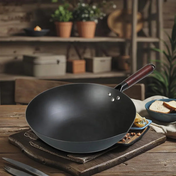 13.5 Inch Carbon Steel Wok – Pre-Seasoned Flat Bottom Stir Fry Pan with Honeycomb Nonstick & Rust-Resistant Nitriding Technology6