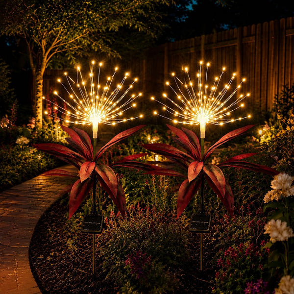 Solar Firework Lights Outdoor,2 Pack 120 LED Solar Garden Lights with Tropical Plant-Style Leaves,8 Modes Waterproof Decorative Yard Stake Lights for Patio Pathway Front Yard,Wedding Party Garden Gift1