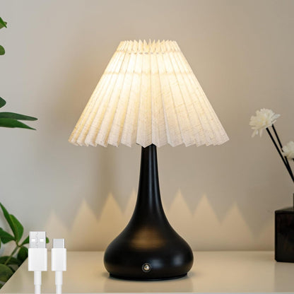 Pleated Cordless Table Lamp, 1800Mah Powered Rechargeable Lamp | Battery Operated Dimmable Lamp Wireless, Replaceable LED Bulb, Linen Shade, for Kitchen Bedside Tabletop, Metal Base White8