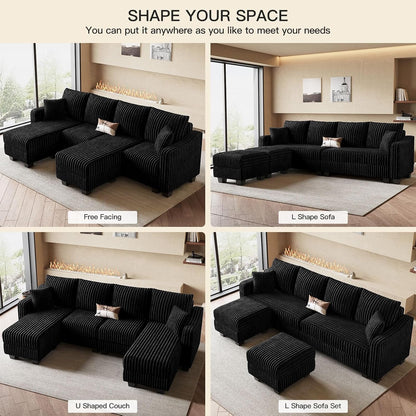 U Shaped Couch with Reversible Chaises Sectional Couches for Living Room Sectional Couch with Ottomans Corduroy (Black, U Shaped)5