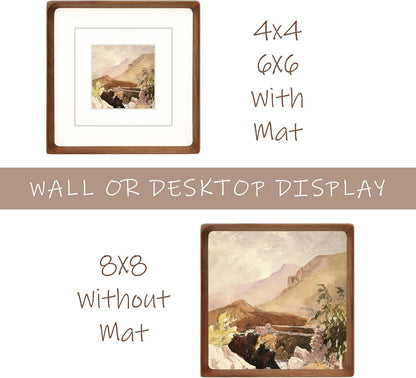 Square 8X8 Picture Frame with Mat for 4X4/6X6, Natural Walnut Wood Handcrafted Rounded Corner with Real Glass, Vertical or Horizontal Display Photo Gallery Wall & Tabletop Frame3