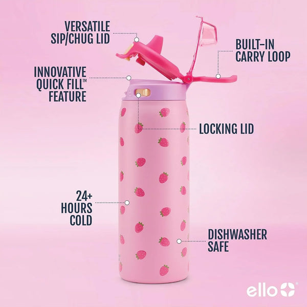Kids Pop & Fill 18Oz Stainless Water Bottle, Sip or Chug, Strawberries4