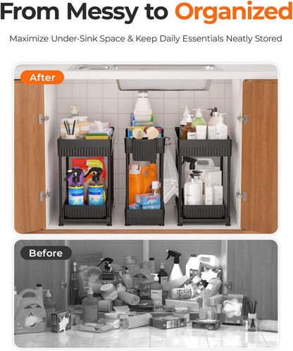 3-Pack 2-Tier under Sink Organizers with Sliding Drawers2