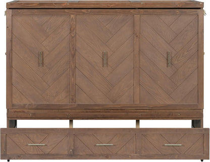 Queen Size Murphy Bed with Charging Station and Storage, Farmhouse Murphy Bed with Foldable Panel for Guest Bedroom, Living Room, Office, Light Walnut8