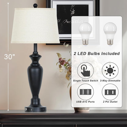 30" Tall Table Lamps Set of 2, Touch Control Bedside Lamp with USB A+C Ports and AC Outlet, 3-Way Dimmable Modern Metal Nightstand Lamp for Bedroom Living Room, 2 LED Bulbs Included, Black2