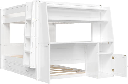 Bunk Bed Full over Full with Trundle,Desk and Bookshelve, White7