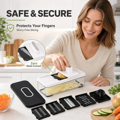 7-In-1 Mandoline Vegetable Slicer, Multi-Purpose Food Chopper & Grater with 5 Interchangeable Blades, Adjustable Julienne Cutter with Container & Safety Guard, Kitchen Gadget for Meal Prep6
