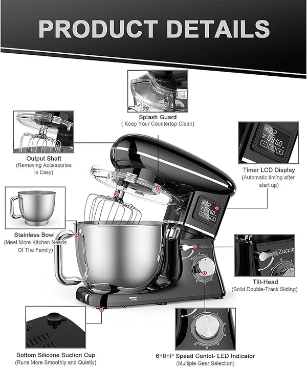 Electric Stand Mixer with LED Display & Timer 6.5QT Bowl Stainless Steel, 1350W 6-Speeds Kitchen Stand up Mixer for Baking Cakes Cookie Bread Salad Food with Egg Whisk, Dough Hook, Beater9