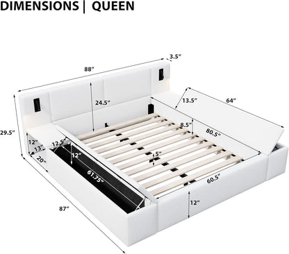 Bouclé Upholstered Platform Bed with Headboard, Hidden Storage,White2