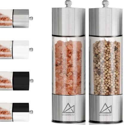 Salt and Pepper Grinder Set Manual 2 Pack | Large round Salt and Pepper Shakers Set | 7.5 Inch Stainless Steel Salt Grinder Refillable | Manual Pepper Grinder (Stainless Steel)7