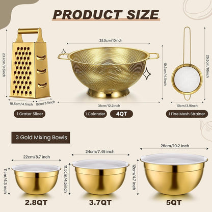 6 Pcs Gold Kitchen Accessories Set Includes 3 Gold Mixing Bowls with Airtight Lids Stainless Steel Colander Grater Slicer and Fine Mesh Strainer(Mixing Bowls: 2.8/3.7/5 Qt, Colander: 4 Qt)2