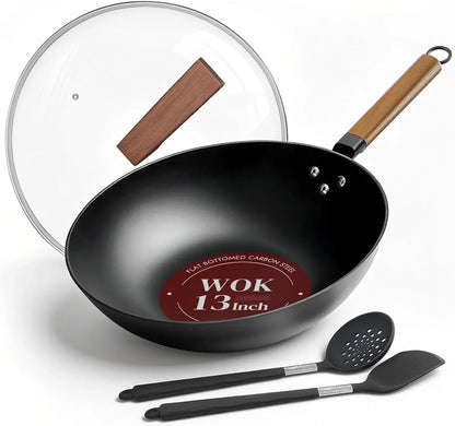 13 Inch Wok Pan with Lid, Healthy Nonstick Woks and Stir Fry Pans, Black | Silicone Spatula, Silicone Strainer, Standing Lid1