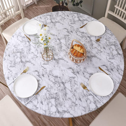 round Vinyl Fitted Tablecloth with Flannel Backing Elastic Edge Design Table Cover Waterproof Oil-Proof PVC Table Cloth Stain-Resistant Best for 37"-44" Round1