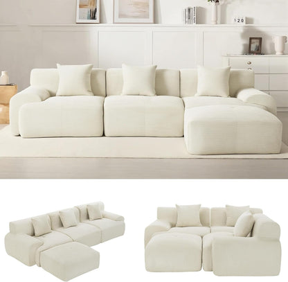 107" Cloud Modular Sectional Couch,Boneless Sofa with Ottman,L-Shape Upholstered Sofas with Deep Seat,Modern Cozy Corduroy Couches with Memory Foam,No Assembly Required (Beige)1