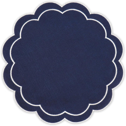 Dark Blue Linen Placemats Embroidered round Scalloped Kitchen Table Mats for Party Home Dining Table Decor, Set of 6, 15 X 15 In1