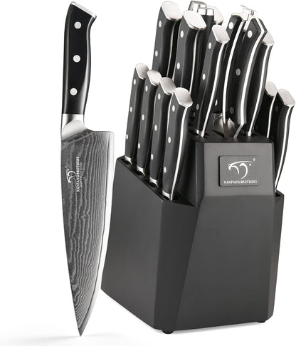 18PCS Damascus Knife Set with Steak Knives & Block | Japanese 67-Layer 10Cr15Comov (VG10 Equivalent) Steel Core, 60±2 HRC Edge, Ergonomic Handle, Kitchen Shears, Sharpener1