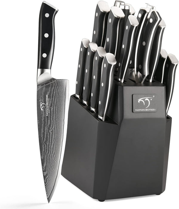 18PCS Damascus Knife Set with Steak Knives & Block | Japanese 67-Layer 10Cr15Comov (VG10 Equivalent) Steel Core, 60±2 HRC Edge, Ergonomic Handle, Kitchen Shears, Sharpener1