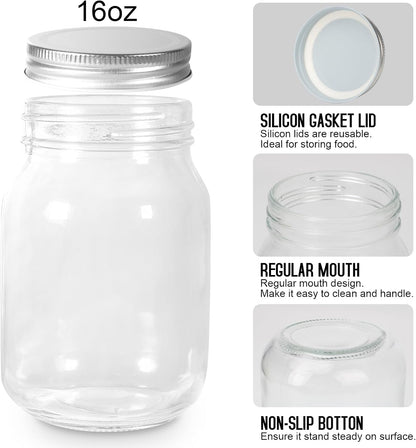 Glass Mason Jars, 16Oz Regular Mouth Canning Jar with Airtight Lids, 4 Pack | Small Sealing Containers, Glass Jars, Durable Clear Glass Material, for Food Storage, Overnight Oats, Meal Prep, Candy7