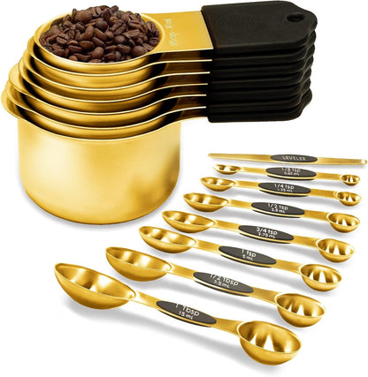 Magnetic Measuring Cups and Spoons Set, Including 7 Stainless Steel Nesting Gold Measuring Cups & 8 Magnetic Gold Measuring Spoons with 1 Leveler for Cooking & Baking1