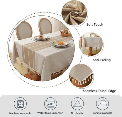 Rustic Cotton Linen Table Cloth,Tablecloths for 6 Foot Rectangle Tables,Waterproof Washable Tablecloth with Tassel Rectangle/Oblong, 55''X 86'', 6-8 Seats5